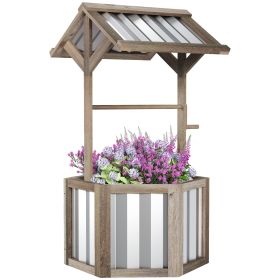 Wooden Wishing Well Planter, Raised Garden Bed with Galvanized Canopy, Hexagon Raised Flower Bed for Garden, Light Gray