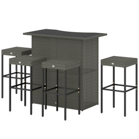 5 Piece Rattan Wicker Bar Set, High Top Outdoor Table and Chairs, Bar Height Patio Set, 2 Shelves & 4 Bar Stools, Gray