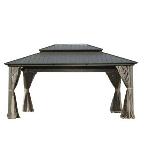 12   X 14   Hardtop Gazebo, Aluminum Metal Gazebo With Galvanized Steel Double Roof Canopy, Curtain And Netting, Permanent Gazebo Pavilion For Patio,