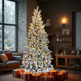 7 FT Snow Flocked Pre-lit Artificial Pencil Christmas Tree, Hinged Xmas Pine Tree With 1100 Branch Tips And 400 Lights For Holiday Party Office Home,