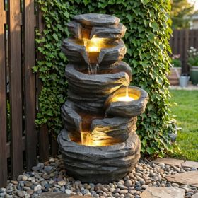 Outdoor Waterfall Fountain With Lights Stacked Rock Cascading Water Feature Resin Garden Decor For Patio Yard Porch Landscape