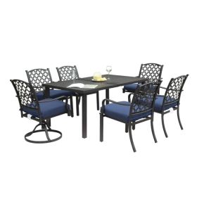 Outdoor 7 Pcs Patio Dining Set, Metal Dining Table, Swivel And Dining Chairs Conversation Set With Removable Navy Blue Cushions For Garden Lawn Yard