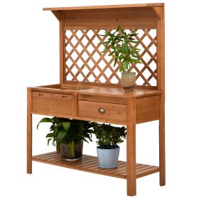 Garden Potting Bench, Outdoor Wooden Workstation Table w/ Metal Screen, Drawer, Hooks, Storage Shelf, and Lattice Back for Patio, Backyard and Porch