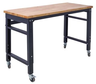 Workbench - 48 Wide Rolling Workbenches For Garage - Adjustable Height, Workshop Tool Bench, Metal With Rubber Wood Top