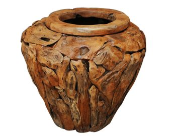 Handcrafted Wide Teak Wood Centerpiece Vase - Rustic Decor