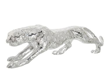 Large Standing Silver Leopard Statue - 31" Long Wildlife Figurine Decor