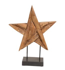 Handcrafted Teak Wood 5-Point Star Sculpture On Metal Stand