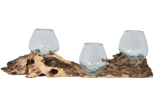 Triple Glass Serving Bowl Set On Natural Wood Base