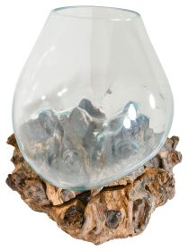 Glass Bowl On Wood Stand | Medium Serving Dish