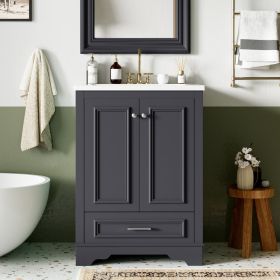 24 Bathroom Vanity With Ceramic Sink Combo, Modern Freestanding Storage Cabinet  With Silver Handles,  Soft Closing Doors