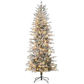 HOMCOM 7.5ft Tall Prelit Artificial Christmas Tree Holiday Decor With 850 Snow Flocked Branches, 350 Warm Yellow Clear Lights, Auto Open, Extra Bulb