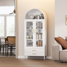 73'' Tall Metal Arched Display Cabinet With Glass Doors, Freestanding Arch Kitchen Pantry Cabinet With 2 Drawers For Home Office Bookcase White