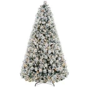 9 ft Prelit Flocked Artificial Christmas Tree with 750 Clear Lights, 2387 Tips, Metal Stand for Home Office Holiday