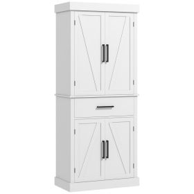 72" Tall Kitchen Cabinet, Kitchen Pantry Cabinet with Barn Doors, Drawer, 5-Tier Shelf and Adjustable Shelves, White