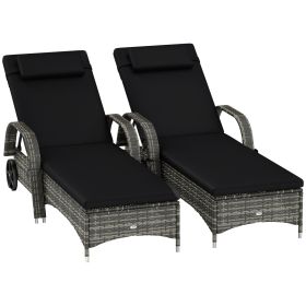 Set Of 2 Rolling Reclining Chaise Lounges With Cushions – Black