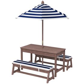 Kids Outdoor Wooden Picnic Table Set With Navy Umbrella & Cushions