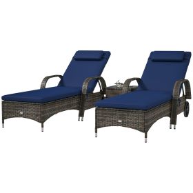 2-Pack Wicker Chaise Lounge Set With Table & Navy Cushions