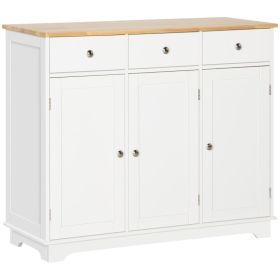 Modern Sideboard with Rubberwood Top, Buffet Cabinet with Storage Cabinets, Drawers and Adjustable Shelves, White