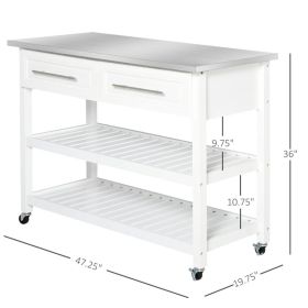 Kitchen Island With Stainless Steel Top, Traditional Kitchen Island With Storage, Butcher Block Cart 2-Tier Open Shelves, Drawers, White