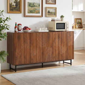 Mid-Century Modern Walnut Sideboard Buffet Cabinet, 59X16X33 Inches Geometric Carved Storage Cabinet With Metal Legs, Multi-Purpose Credenza For Livin