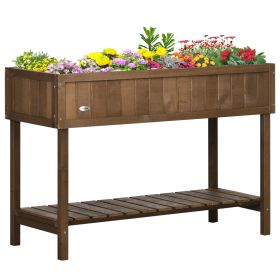 Wooden Raised Garden Bed, Elevated Planter Box Stand with 8 Slots and Open Shelf, Dark Brown