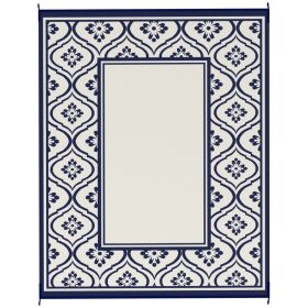 Reversible Outdoor Rug, Waterproof Plastic Straw With Carry Bag, 8 X 10, Blue & White Gourd Border