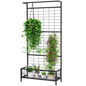 Metal Tall Plant Stand with Trellis and Hanging Bar, Plant Holder for Indoor Outdoor Use, 35" x 12.8" x 74", Black