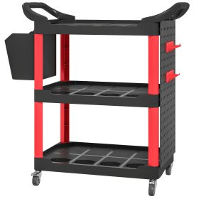 3-Tier Rolling Tool Cart, 200 LBS Capacity Plastic Utility Cart with Side Shelf and Storage Bucket, Black & Red