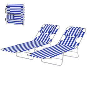 2 Tanning Chairs with Face Hole, 5-Level Adjustable Outdoor Chaise Lounge Chair with Pillow for Beach, Pool, Blue Stripe