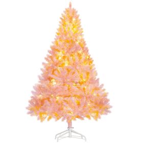 HOMCOM 6' Tall Prelit Christmas Tree Douglas Fir Artificial Christmas Tree With Realistic Branches, 250 Warm White LED Lights And 1000 Tips, Pink