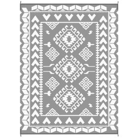 Reversible Outdoor Rug, Waterproof Plastic Straw With Carry Bag, 9 X 12, Gray & White Rhombus Patchwork