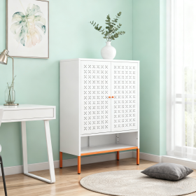 Grid Double Door Shoe Cabinet, Three Adjustable Compartments For Flexible Storage, Suspended Hollow Shoe Changing Compartment, Bottom 15cm Moisture-pr