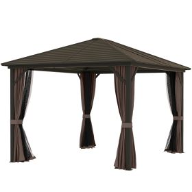 10 X 12 Hardtop Gazebo With Curtains And Netting, Gazebo Canopy With Aluminum Frame And Hooks, Coffee