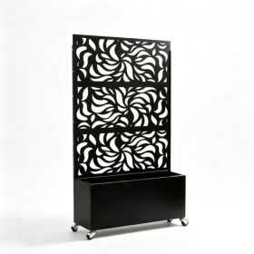 70.87inch Hx46.06inch W Leaf Pattern Privacy Screen With Planter Box, Black Metal Freestanding Decorative Fence Planter For Patio Balcony