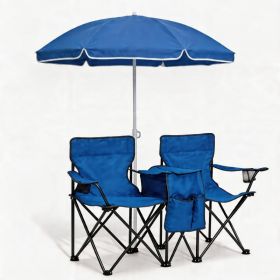 Portable Double Folding Beach Chair Set With Umbrella, 2-Person Outdoor Camping Chair With  Cup Holders, Foldable Patio Chair For Picnic, Backyard, Tr