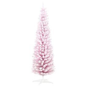 7' Decorated Christmas Tree Snow Flocked Artificial Christmas Tree with Pencil Shape, Realistic Branches, Pink