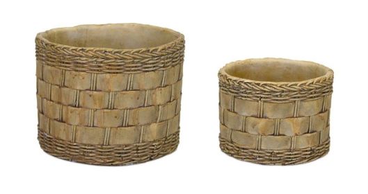 Set Of 2 Faux-Wicker Decorative Stone Plant Pots