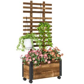 Rolling Wooden Raised Planter Box With Trellis & Metal Corners – Brown