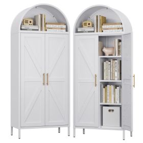Metal Arched Storage Cabinet With Doors And Adjustable Shelves, Farmhouse Cupboard For Dining Room, Living Room,White