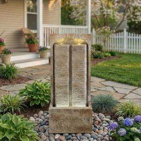 39 Inch Outdoor Water Fountain With Pump, Modern Cascading Freestanding Wall Fountain, Weather-Resistant Garden Water Feature With Warm White LED Ligh