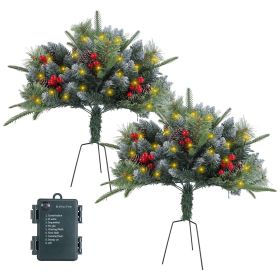2Pcs Christmas Tree Urn Filler With Light Artificial Lighted Xmas Trees Light With Cones Berries Holiday Planter Filler LED Pathway Pine Tree IP44 Wat