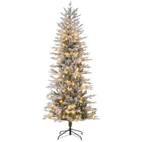 7.5' Pre Lit Artificial Flocked Christmas Trees, with Snow Branches, Warm Yellow Clear Lights, Auto Open, Extra Bulb