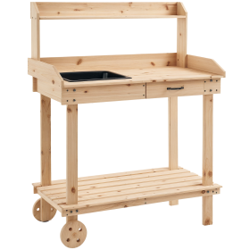 36" Wooden Potting Bench Work Table with 2 Removable Wheels, Garden Workstation with Removable Sink, Drawer & Large Storage Spaces, Natural