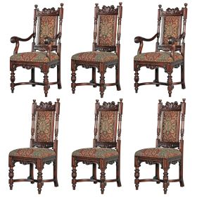 Set Of 6 Upholstered Mahogany Patterned Jacquard Fabric Dining Chairs