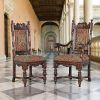 Set Of 6 Upholstered Mahogany Patterned Jacquard Fabric Dining Chairs