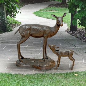 Solid Bronze Mother Doe & Baby Fawn Deer Statue Set
