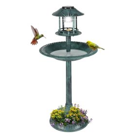 Outdoor Garden Birdbath In Green Copper Patina Finish With Solar Light