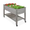 Outdoor Grey Wood Raised Garden Bed With Shelf & Wheels