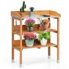 Wooden Outdoor Bench With Storage Shelves & Metal Surface