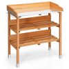 Wooden Outdoor Bench With Storage Shelves & Metal Surface